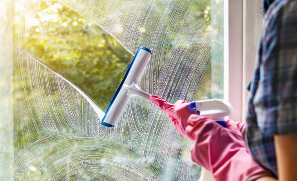 professional cleaner is making the window shine, crystal clear windows